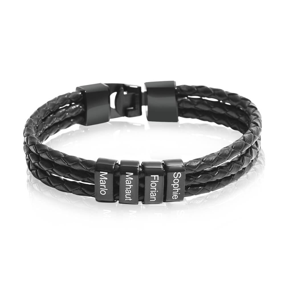 Mens black leather bracelet engraved sales